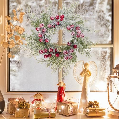 Winlyn 4 Pcs Artificial Snowy Cedar Candle Rings Red Berry Christmas Candle Holder Wreath Rings Mini Snowy Christmas Wreaths Faux Cedar Twigs Wreath 12.2” Wide for Winter Wedding Holiday Table Décor