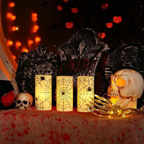 Spider Cobweb Halloween LED Flameless Pillar Candles with 6H Timer