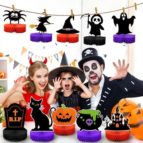 12 Pcs Halloween Honeycomb Centerpieces Halloween Party Table Decorations Black Cat Ghost Bat Pumpkin Witch Table Centerpiece Orange Black Spooky Theme Tables Topper for Halloweens Theme Party Decor