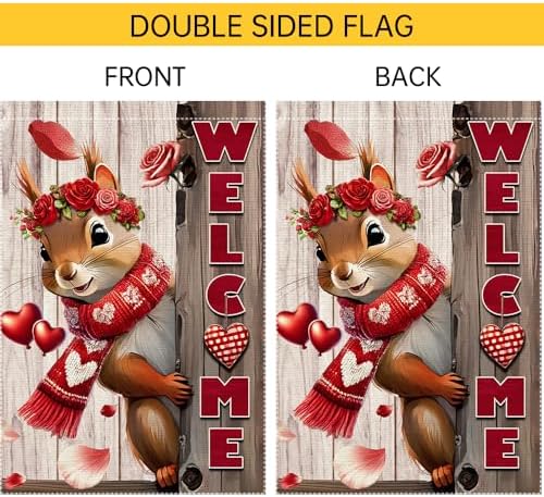 Valentine’s Day Garden Flag 28x40inch Double Sided The Squirrel Red Love Heart Rose Valentine’s Garden Flags For Home Outdoor Yard Patio Lawn Decor,Welcome Valentine Garden Outside Decorations Banner