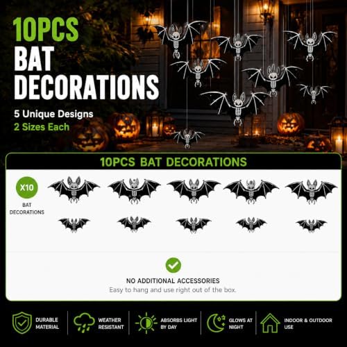 10PCS Glow-in-the-Dark Hanging Bats for Halloween