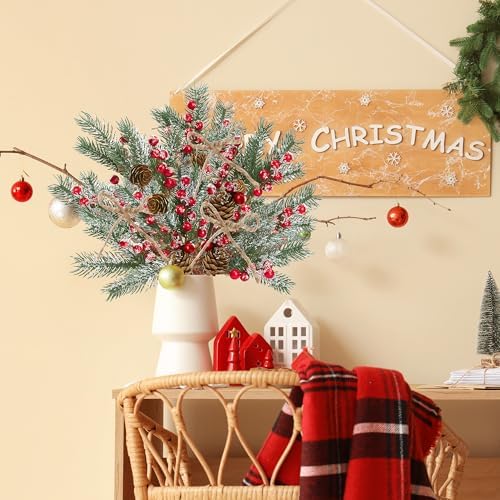 Sggvecsy 15 Pack Snow Frosted Christmas Berries Pine Picks Artificial Red Berry Pine Branches Frosted Faux Pine Stem with Pine Cones Fake Pine Needles for Xmas Tree Wreath DIY Craft Holiday Decor