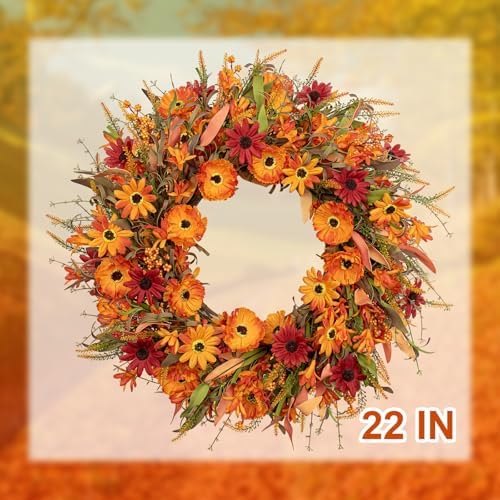 J'FLORU Artificial Fall Wreath 22 Inch Autumn Wreaths for Front Door Orange Daisy Wreath with Wildflowers Berries for Indoor Outdoor Wall Farmhouse Thanksgiving Day Harvest Festival Celebration