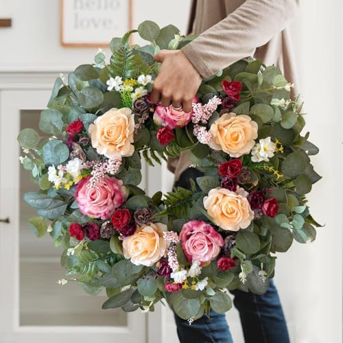 WANNA-CUL 24 Inch Pink Champagne Rose Spring Wreath for Front Door