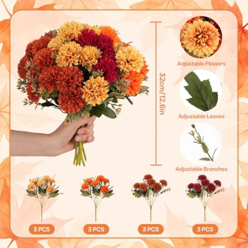 12 PCS Artificial Fall Flowers for Outdoors, UV Resistant Fake Mums