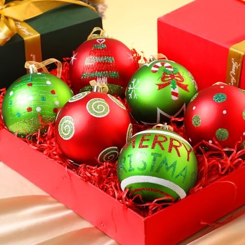 Lanpn 6Pcs 4" Large Outdoor Christmas Ornaments, Xmas Tree Elf Swirl Ball Decoration, Big Red Green Christmas Ornament, Giant Glittering String Ball Plastic Hanging Decor for Lawn Yard Holiday Party