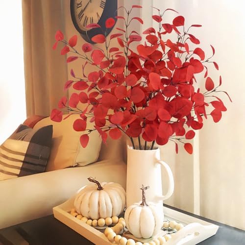 16Pcs Artificial Eucalyptus Leaves Stems 33.8‘’ Eucalyptus Plants Branches Greenery for Home Fireplace Farmhouse Party Wedding Table Bathroom Christmas Décor Red