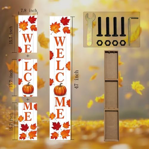 Fall Welcome Porch Sig 47" Tall Vertical Wooden Sign with Pumpkin Maple Leaves Farmhouse Rustic Autumn Thanksgiving Harvest Decoration Standing Hanging for Front Porch Indoor Outdoor
