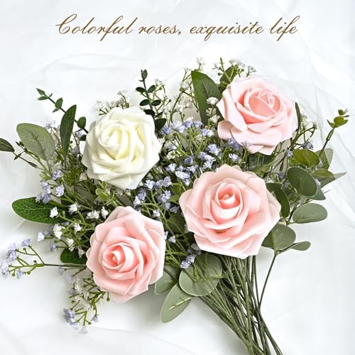 BLEUM CADE 36Pcs Artificial Flowers Fake Foam Roses with Stems for Wedding