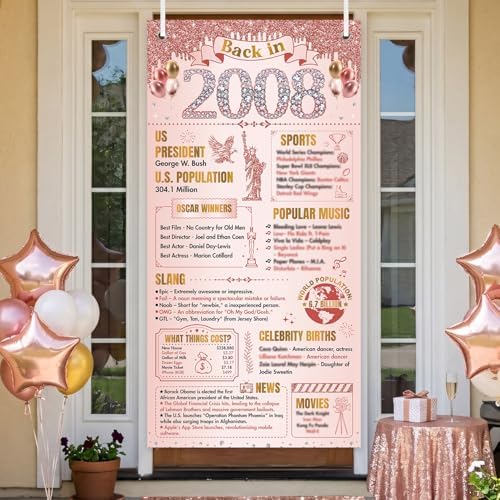 18th Birthday Decorations for Women Girls, Rose Gold Back in 2008 Door Cover Decor, 18 Years Old Bday Large Front Door Cover Sign Backdrop Banner Supplies Decor, 3x6 Ft