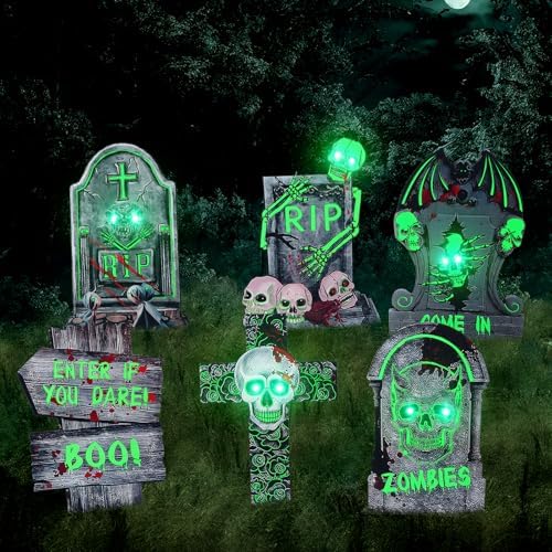 6 Pack Halloween Decorations, Glow in the Dark Tombstones Outdoor Decor