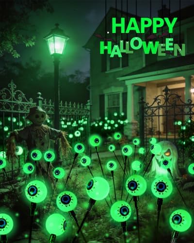 YIQU Solar Halloween Lights Outdoor 4 Pack 24 LED Green Solar Eyeball Light