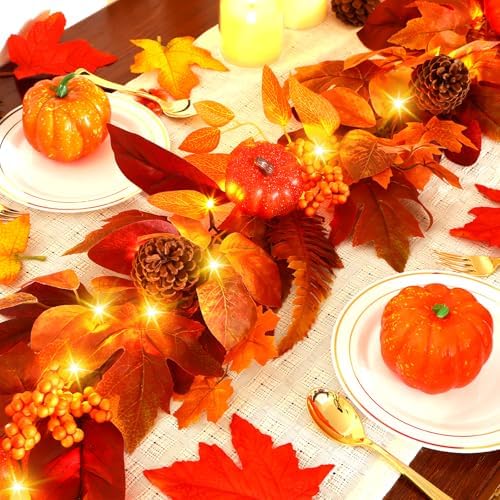 SHareconn 2 Packs 6ft Fall Garland with Lights and Timer for Mantle