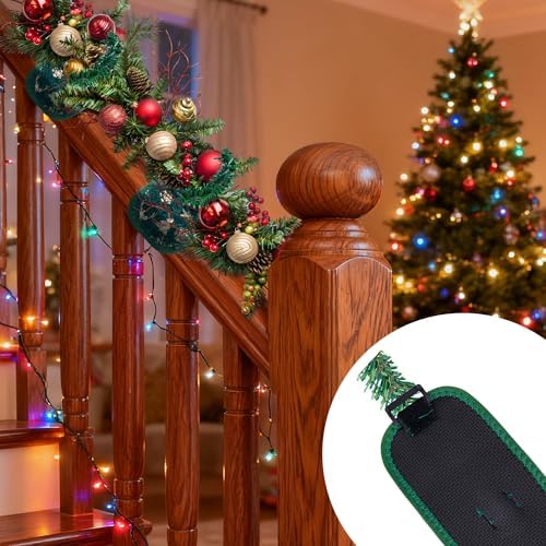 8 Pcs Railing Protection Christmas Garland Ties, Green Decorative Banister Garlands Hanger, Adjustable Banister Protective Padded Faux Pine Stems Garland Ties for Staircase Wreath Home Holiday Decor