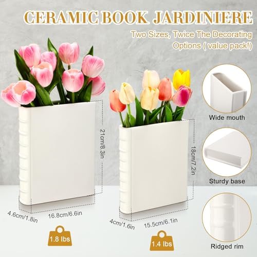 Vesici 2 Pcs Ceramic Book Shape Vase for Flowers Gifts for Bookshelf,White