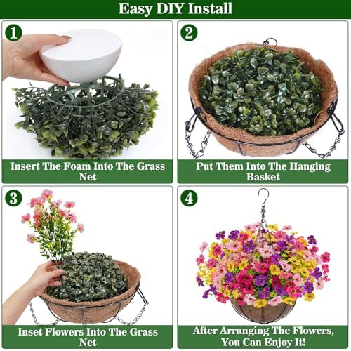 2 Sets Artificial Hanging Plants Flowers Basket Outdoor, Fake Hanging Plants 24 Pcs Flowers for Porch Patio Garden Home Decor for Spring Summer (Red, Purple, Yellow, Rose Red)