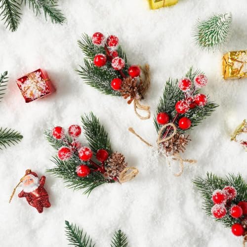 15Pcs Christmas Picks and Sprays, Red Berry Holly Stems Pine Cone Branches