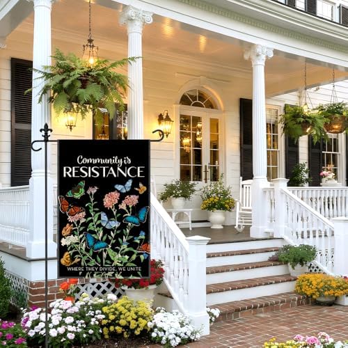 Community Is Resistance Garden Flag, 12 x 18 Inch Double Sided Butterfly Theme Human Rights Pride Decor Flag for Outdoor Garden Yard Porch, Social Justice Progressive Yard Sign for Activist