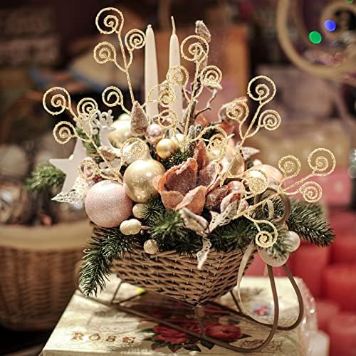 Ysleen 50 Pcs Glitter Tree Picks and Sprays Twigs Branches, Gold