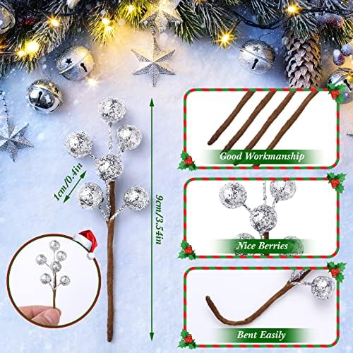 360 Pieces Artificial Holly Berries Christmas Winter Fake Berries Bunch Faux Cranberries Bunch on 60 Stems for Table Centerpiece(Silver)