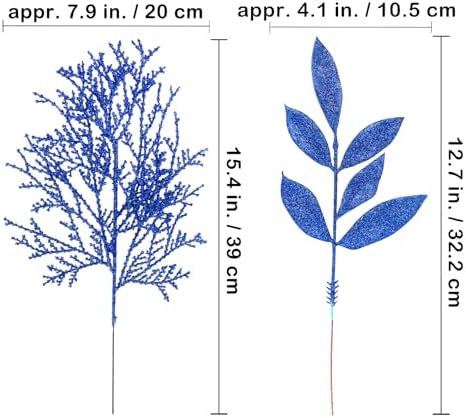Winlyn 30 Pcs Christmas Artificial Leaf Sprays Cedar Picks Blue Glittered Christmas Tree Ornaments Winter Floral Stems for Blue Christmas Tree Wreaths Centerpieces Holiday Seasonal Wedding Decoration