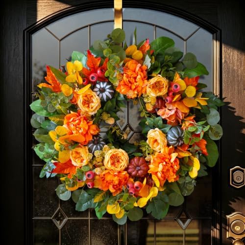 24 Inch Harvest Fall Wreaths for Front Door Outside with Orange Peony