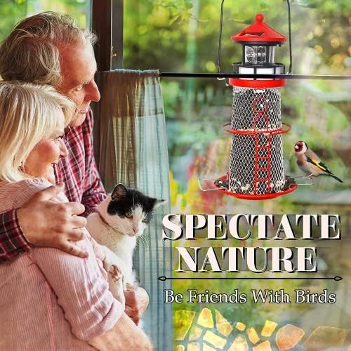 Solar Lighthouse Bird Feeder with Rotating Beacon - 14" Hanging Best Birdfeeder Gifts for Bird Lovers(Apple Red).