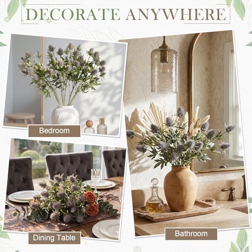XunYee 50 Heads Artificial Thistle Flowers 5 Bundles Blue Faux Thistle Eryngium Spray with Stems 27'' Sea Holly Floral Branches for Wedding Bouquets Centerpieces Party Home Decor
