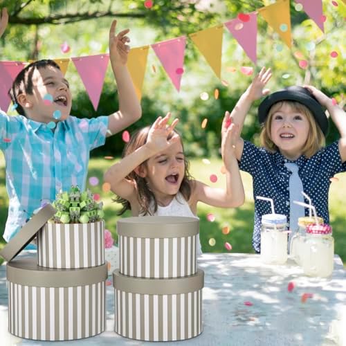 Gift Boxes with Lids for Presents Warm Grey and White Striped Round Box for Flower Arrangements Set of 4 Nesting Gift Boxes Bulk for Bridesmaid, Proposal, Wedding, Birthday, Party Favor Graduation