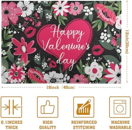Happy Valentine's Day Placemats Set of 4 Valentine Flowers Love Heart Place Mats Pink Red White Floral Linen Table Mats Seasonal Black Placemat for Anniversary Wedding Party Kitchen Dining Decor