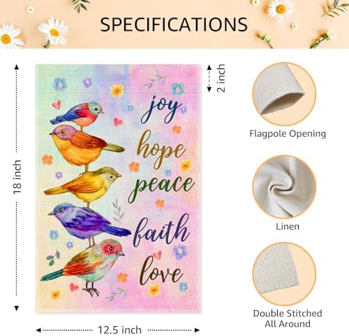 Joy Hope Peace Faith Love Garden Flags for Outside, Funny Birds Spring Yard Sign, Christian Catholic Outdoor Lawn Porch Banner, Kindness Peace Equality Bible Verse Yard Décor