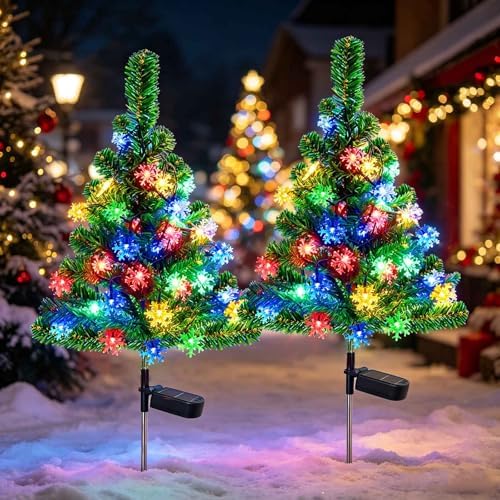 Windpnn 2-Pack 2.6FT Solar Christmas Tree Outdoor Christmas Decorations for Outsdie Garden, Patio, Yard, Pathway, Cemetery Decor (with 40 Snowflake Lights, Waterproof)