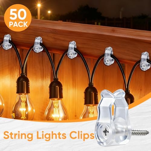 50 Pack Clear String Light Clips, Screw in Outdoor Light Hooks, Weatherproof Cable Clips for Christmas Fairy Lights, Rope Light, Patio Holiday Decor & Cable Management