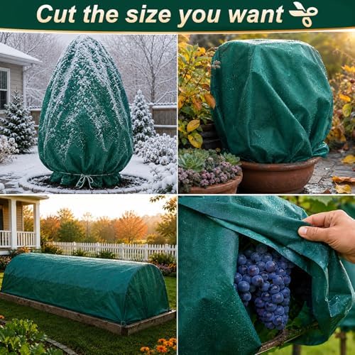 Plant Covers Freeze Protection, 6.5ft x 16ft 1.41 oz/yd² Frost Cloth Plant Blankets Floating Row Covers with 15 Stainless Steel Clips for Winter Plants Gardens Frost/Sun Pests Protection, Dark Green