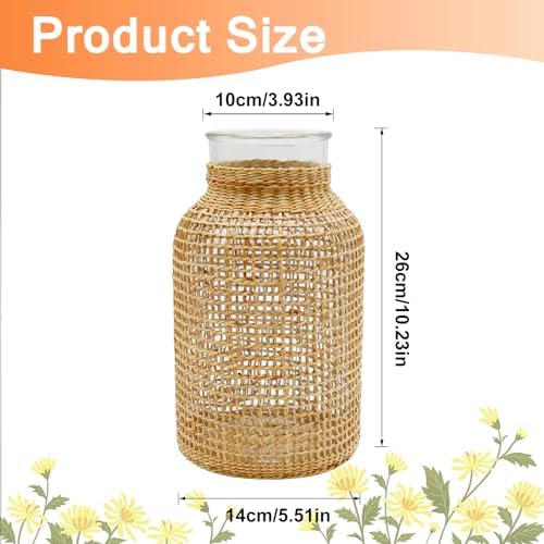 MDEOOSKY Straw Woven Glass Vase 10.23''X3.93''X5.51''Boho Glass Flower Vase Country Rustic Style Vase Glass Vase for Floral Arrangements Bottle Height (B Style 10.23IN)