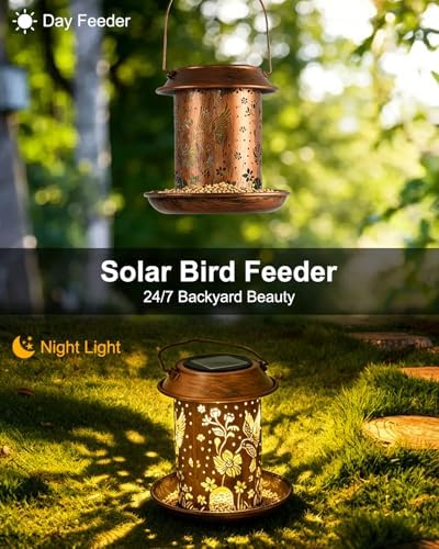 Solar Bird Feeder for Outdoors, Hanging Metal Bird Feeders with Flying Bird Carved Design, Auto-On Night Light, for Hummingbirds Cardinals Orioles Finches Bluebirds, Unique Gift for Bird Lovers
