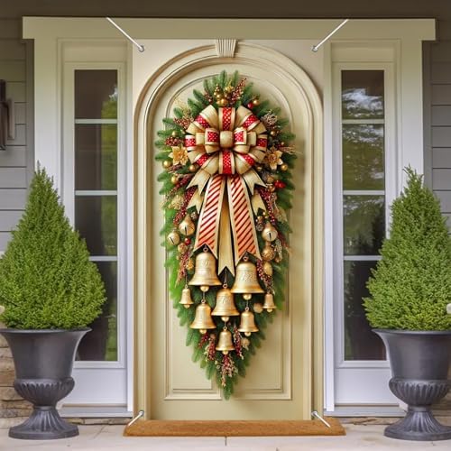 BlissYard Christmas Bells Wreath Door Cover 35x71 Inch Elegant Holiday Doors Banner Festive Gold Bells Door Decorations Polyester Fabric Doors Mural Wall Hanging Traditional Xmas Decor