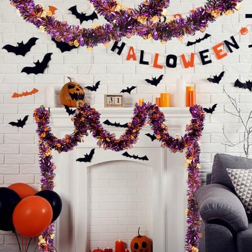 33ft Halloween Tinsel Garland, Metallic Twisted Tinsel Garland Pumpkin Hanging Garland Decoration for Home Tree Fireplace Mantle Home Party Decor