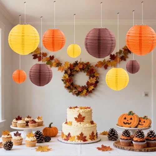 Fall Paper Lanterns, Yellow Orange Brown Thanksgiving Hanging Paper Lanterns for Autumn Harvest Birthday Bridal Shower Baby Shower Party Decor (9 PCS)
