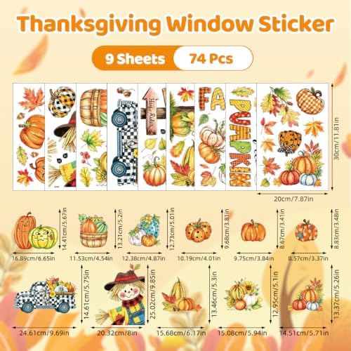 Fall Window Clings Maple Leaves Pumpkins Scarecrow Truck Autumn Harvest, 9 Sheets Thanksgiving Window Clings for Glass Windo Fall Decor Indoor Windo Decals