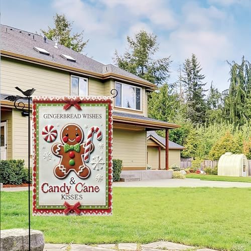 Christmas Garden Flag Gingerbread Man Candy Cane Wishes 12x18 Inch Double Sided Outdoor Winter Holiday Yard Banner Peppermint Cute Festive Lawn Decoration for Porch Patio Garden