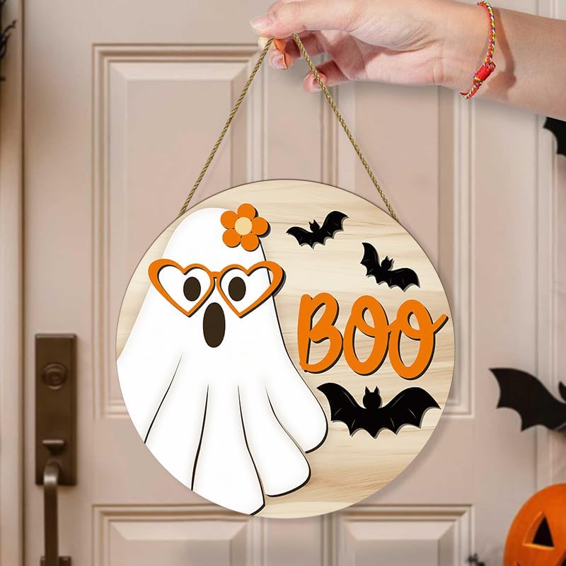 Halloween Boo Ghost Wooden Door Hanger Sign,Cute Ghost with Heart Glasses Flower Bat Round Front Door Wreath Decor,Spooky Farmhouse Wooden Hanging Sign for Home Porch Wall Halloween Party Decorations