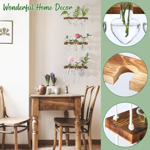 Leinuosen Wall Hanging Plant Propagation Stations Mother Gifts for Her Plant Lovers 3 Tiered 9 Heart Shaped Glass Vases Terrarium with Wooden Stand for Hydroponics Indoor Garden Home Decor(Clear)