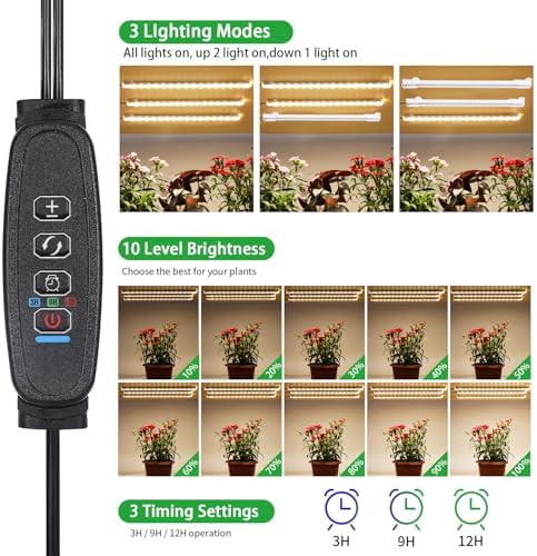 LED Grow Light Strips, Grow Lights for Indoor Plants Full Spectrum 3000K, 78 LEDs Plant Light with 3/9/12H Timer, 10 Dimmable Levels for Seedling Succulent and Plant Shelf, 3 Head 8.6 Inches