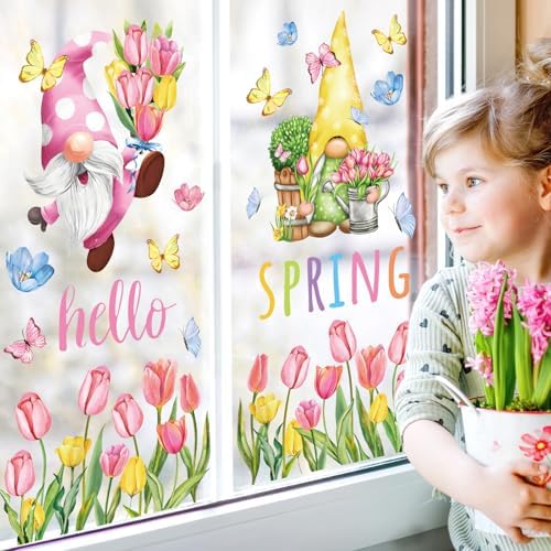 Whaline 6 Sheet Hello Spring Window Clings Pink Tulip Flower Floral Gnome Butterfly Reusable Window Glass Decals for Home School Office Party Supplies