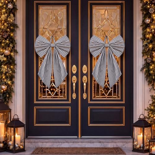 Suncalla 2 Pcs Black White Christmas Gingham Wreath Bows 18'' x 12''