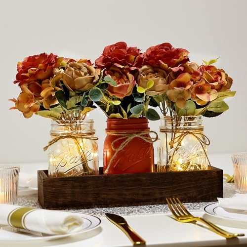 Mason Jar Centerpiece Orange Flower Kitchen Table Decor with Lights