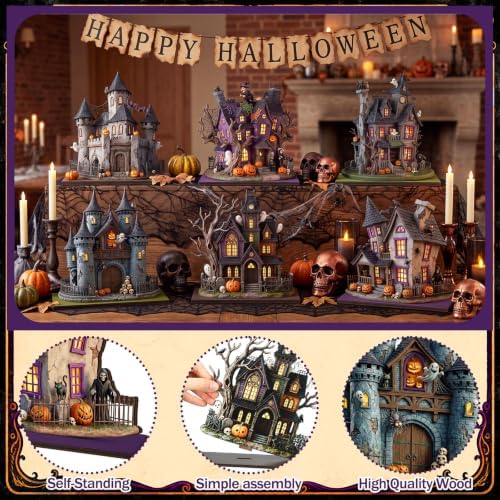 Yuntau 6 Pcs Halloween Wooden Table Decorations Haunted House Table Centerpiece Decor Spooky Ghost Pumpkin Castle Tabletop Signs with Stands, Rustic Tiered Tray Mantel Decor for Halloween Party