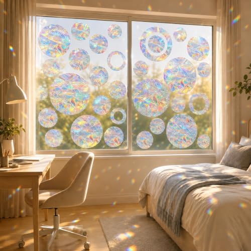 64 Pcs Window Decals to Prevent Bird Strikes - Anti-Collision Window Stickers for Birds, Rainbow Vinyl Suncatcher Stickers, Reusable Static Clings for Bird Window Deterrent, No Glue Needed