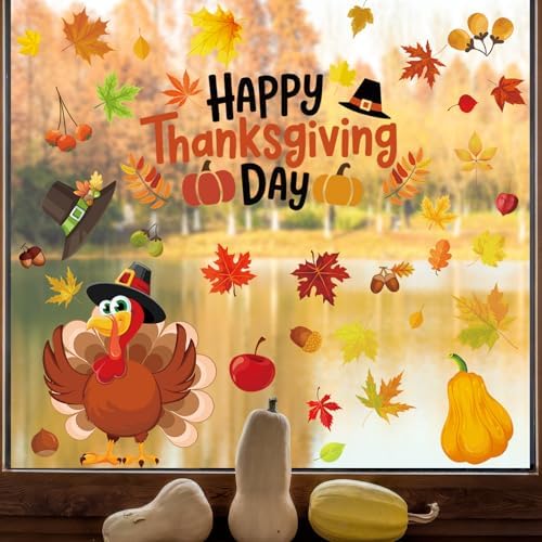 6 Sheets Thanksgiving Fall Window Clings, 73 Pcs Turkey Autumn Leaf Pumpkin Clings for Windows Thanksgiving Window Stickers for Home Holiday Party Store Glass Decoration